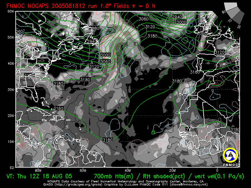 product: 700 hPa heights ; Rel. Hum. [%] ; Vertical Velocity [Pa/s], area: Atlantic, tau: 000 